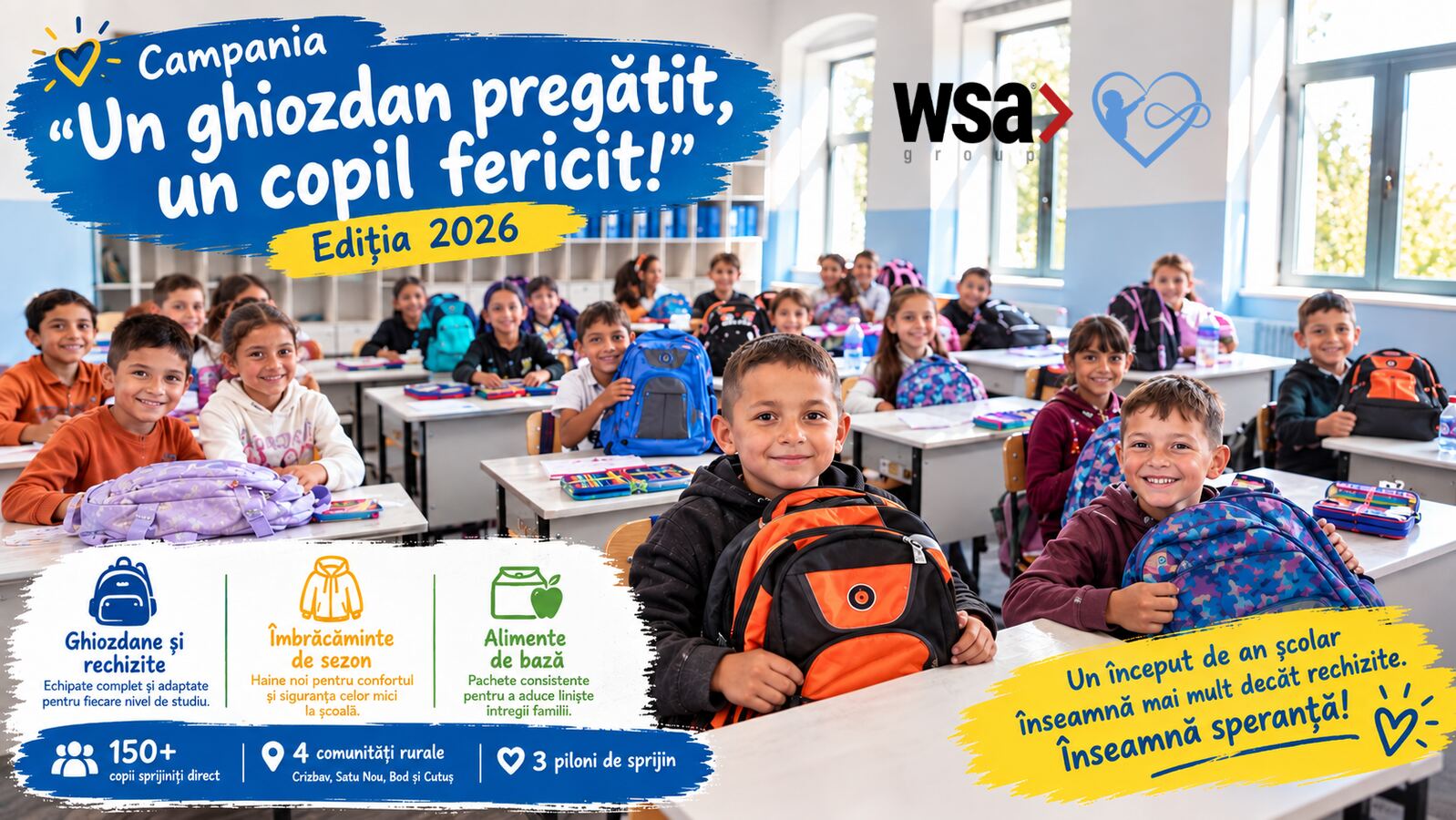 Campania „Un ghiozdan pregătit, un copil fericit" ediția 2026 – WSA Group și EduActiv sprijină 150 de copii din comunitățile rurale de lângă Brașov